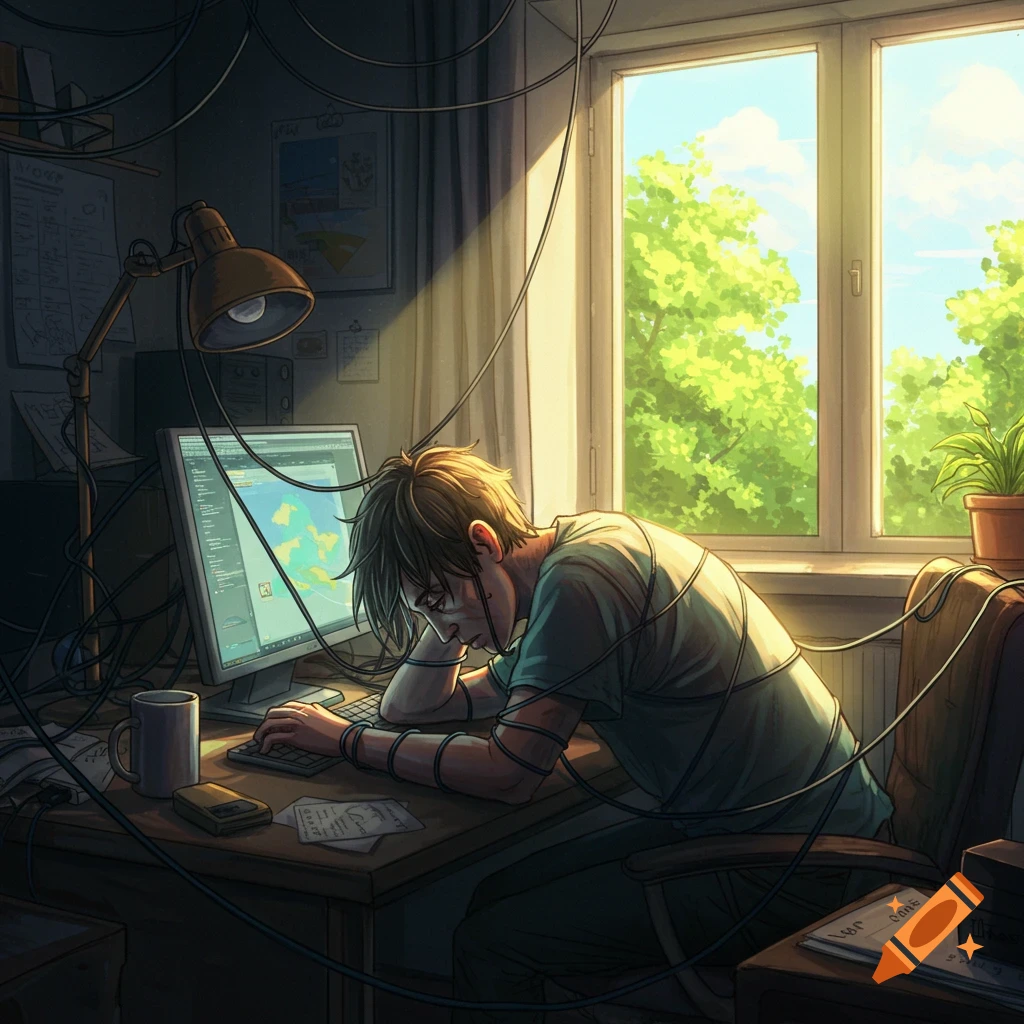 An anime-style illustration of a person tied by cables, slumped over a computer desk in a room with a sunny window.