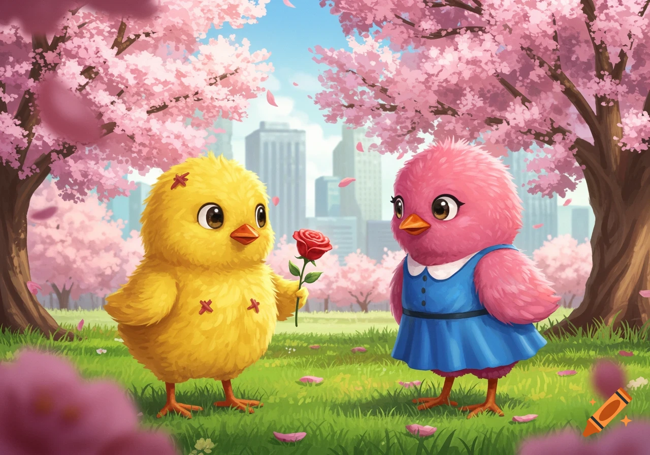 A cute yellow chick holds a red rose out to a pink chick in a blue dress, surrounded by cherry blossom trees with a city skyline.