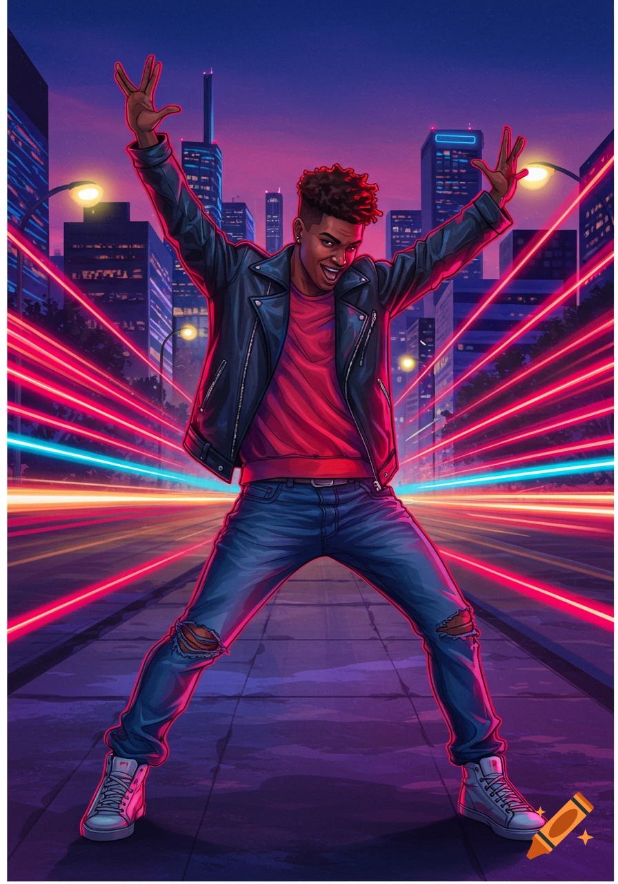 A vibrant illustration of a young man dancing on a city street at night, surrounded by neon pink and blue light trails.