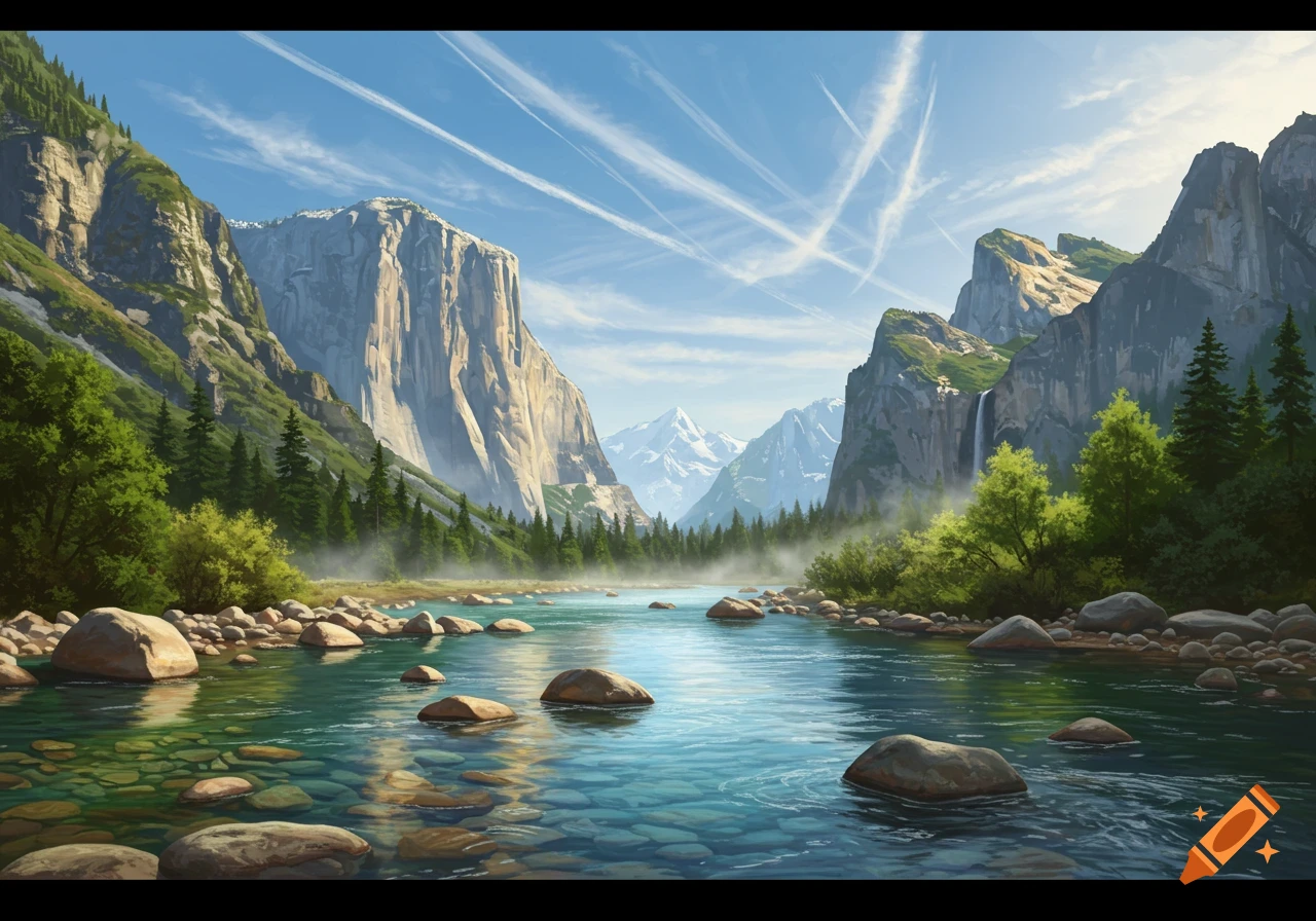 Vibrant painting of a clear river flowing through a grand mountain valley with tall peaks under a bright blue sky.