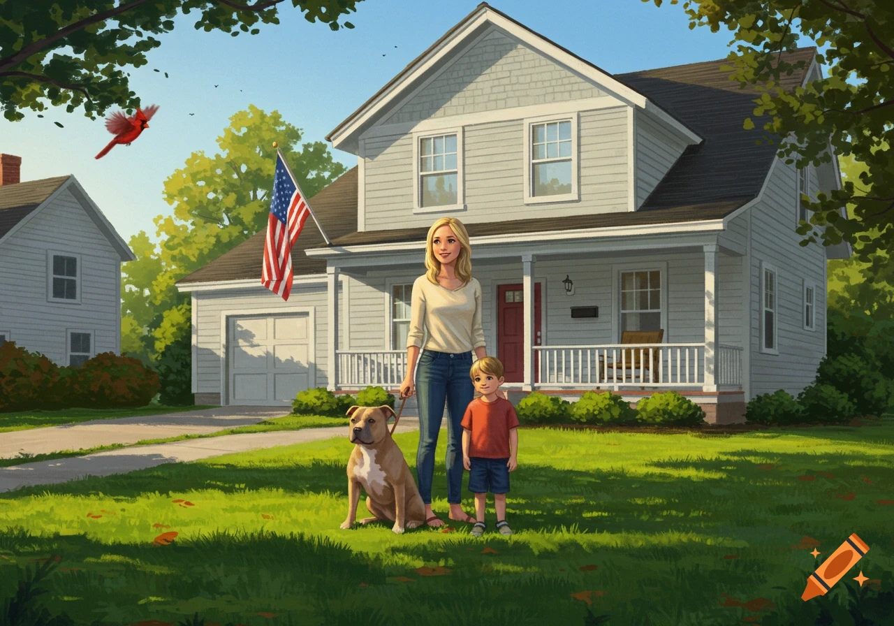 Illustrated scene of a blonde woman, boy, and pitbull in a sunny yard in front of a house with a U.S. flag.