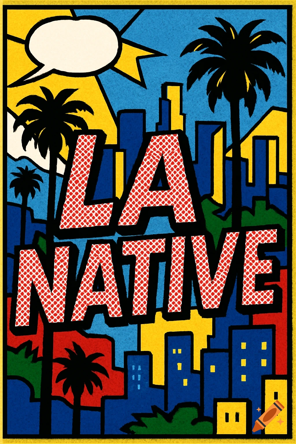 Pop Art style illustration featuring 'LA NATIVE' in red halftone text over a colorful stylized cityscape with palm trees and sun.