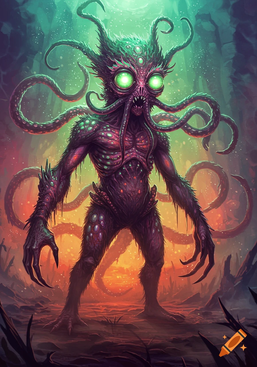 A vibrant, eerie fantasy monster with glowing green eyes and tentacles for a face, standing in a swampy, dark landscape.
