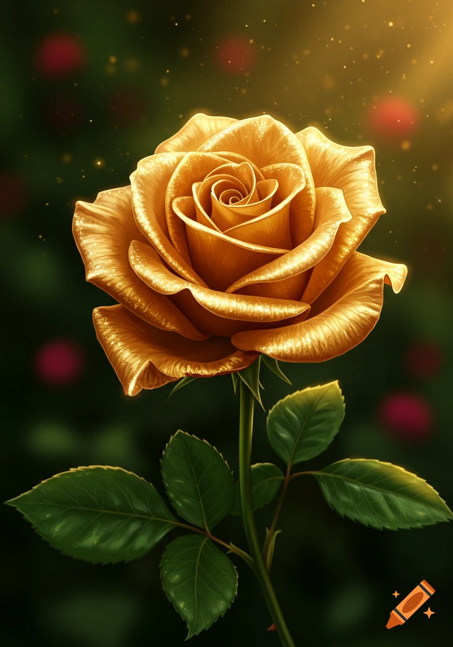 A vibrant golden rose with green leaves on a stem, glowing against a dark, blurred background with golden light particles.