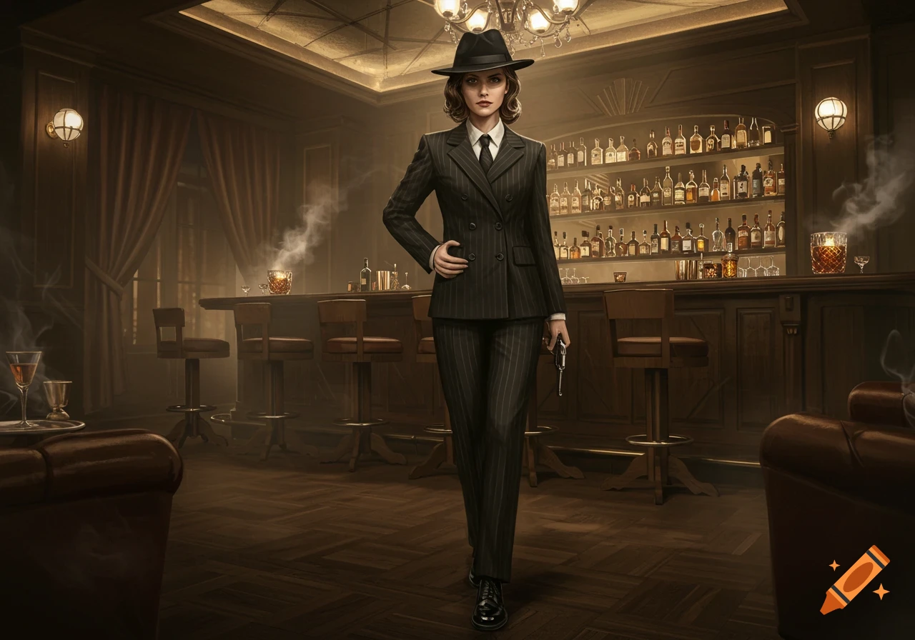 A woman dressed in a pinstripe suit and fedora holds a revolver while standing confidently in a dimly lit, smoky bar with a well-stocked liquor shelf.