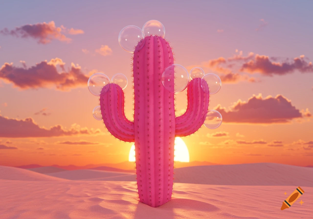 A whimsical pink cactus adorned with clear bubbles stands in a desert landscape during a vibrant sunset.
