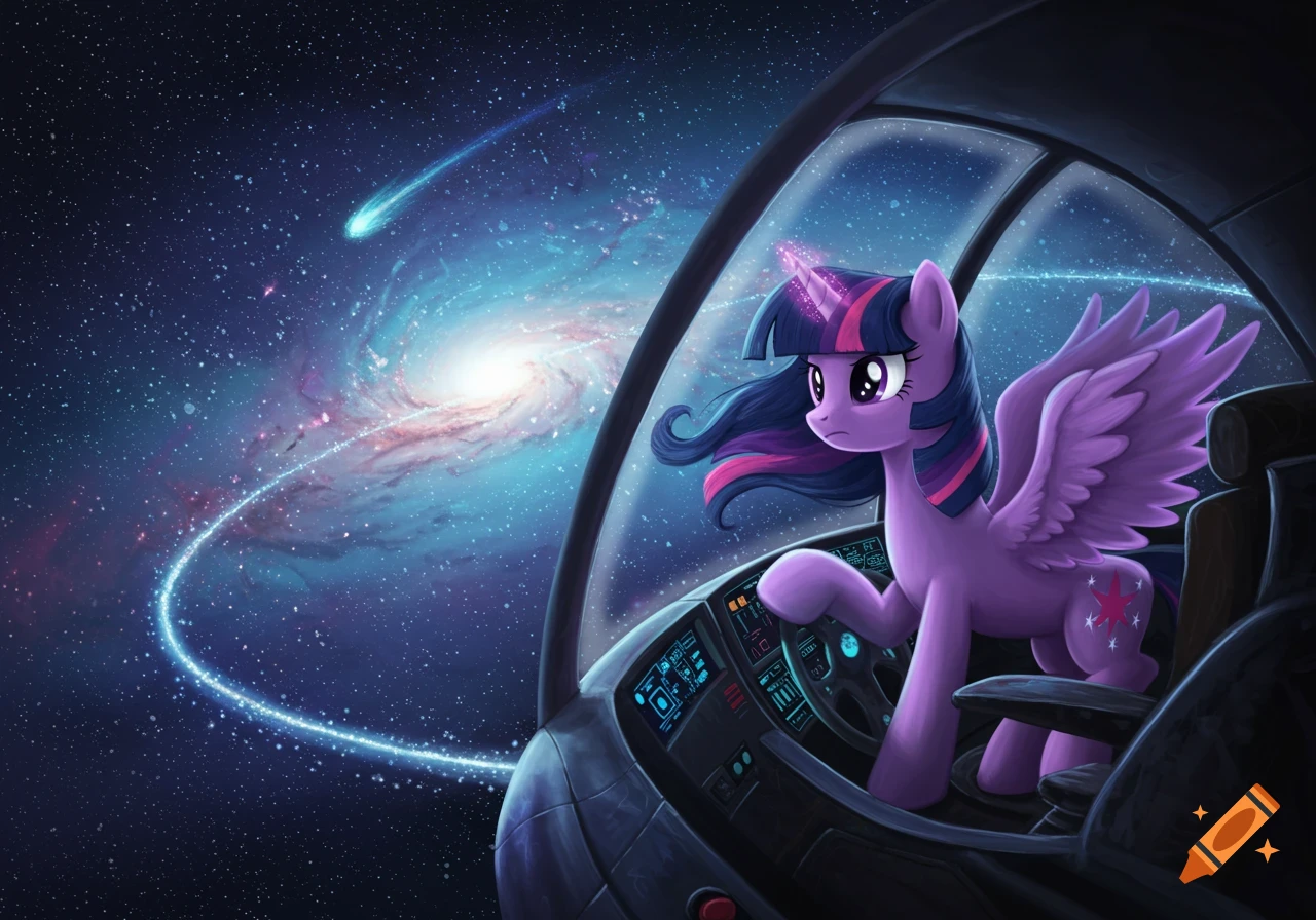 Twilight Sparkle, a purple winged unicorn, sits in a spaceship cockpit looking out at a galaxy and stars.