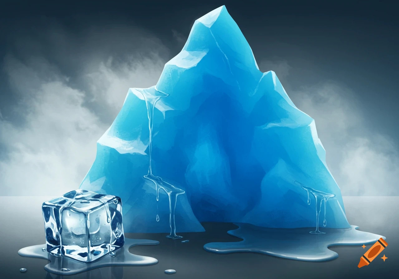 An abstract illustration of a large blue iceberg and a small ice cube melting with water pooling below.