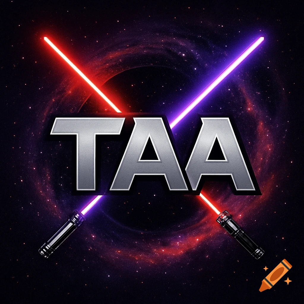 A silver metallic TAA logo against a dark galaxy background with swirling red and purple nebulas, crossed lightsabers, and stars.