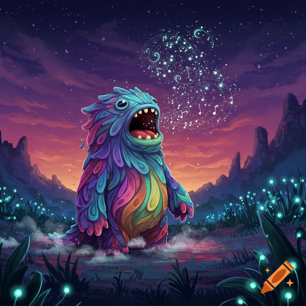 A vibrant, colorful monster with a large open mouth sings, emitting glowing musical notes into a starry purple and orange sky over a fantastical landscape.