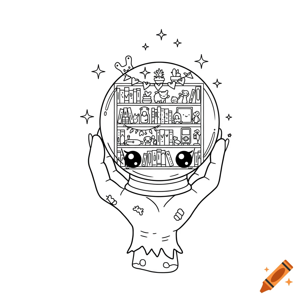 Kawaii black and white line art of a zombie hand holding a crystal ball with a bookshelf, books, and decorations inside, featuring large cute eyes.