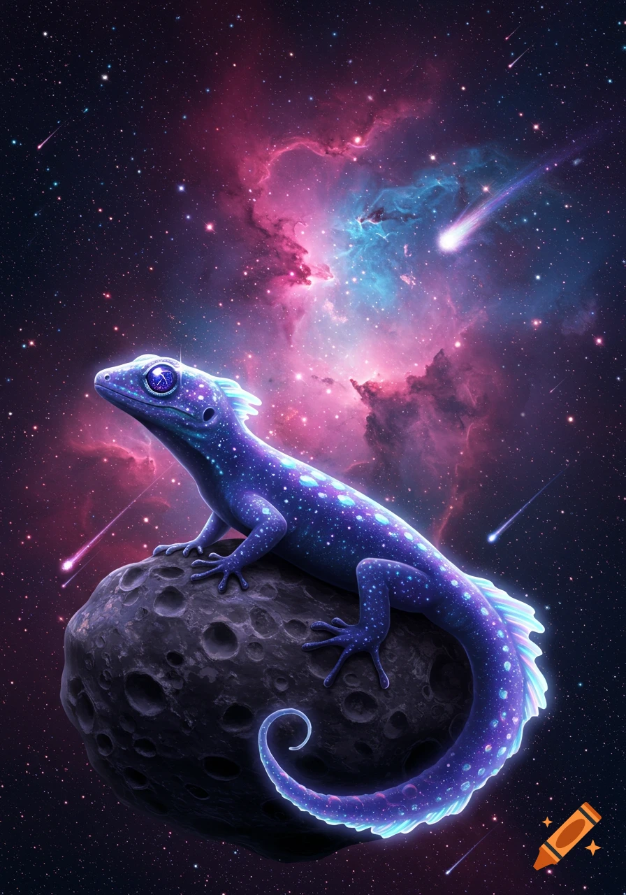 A glowing purple celestial lizard with blue spots sits on a moon in outer space, surrounded by a pink and blue nebula and shooting stars.