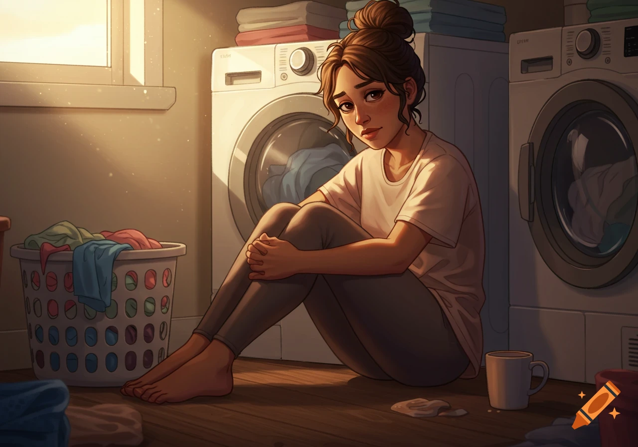 A tired woman with a messy bun sits on the floor of a sunlit laundry room, a full laundry basket and coffee cup nearby, in a realistic cartoon style.