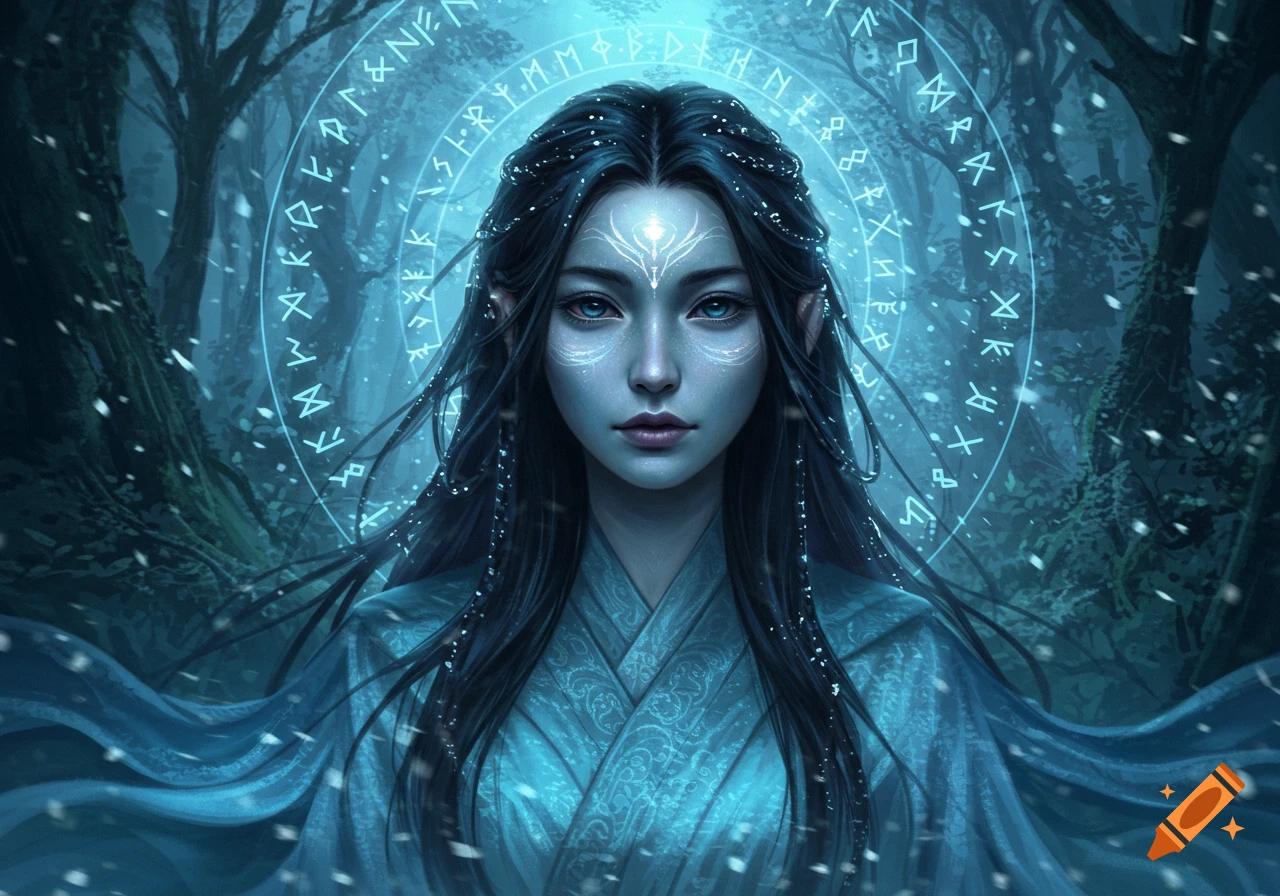 A mystical elf-like woman with long dark hair and glowing blue eyes stands in a snowy dark forest, surrounded by a luminous ring of runes.