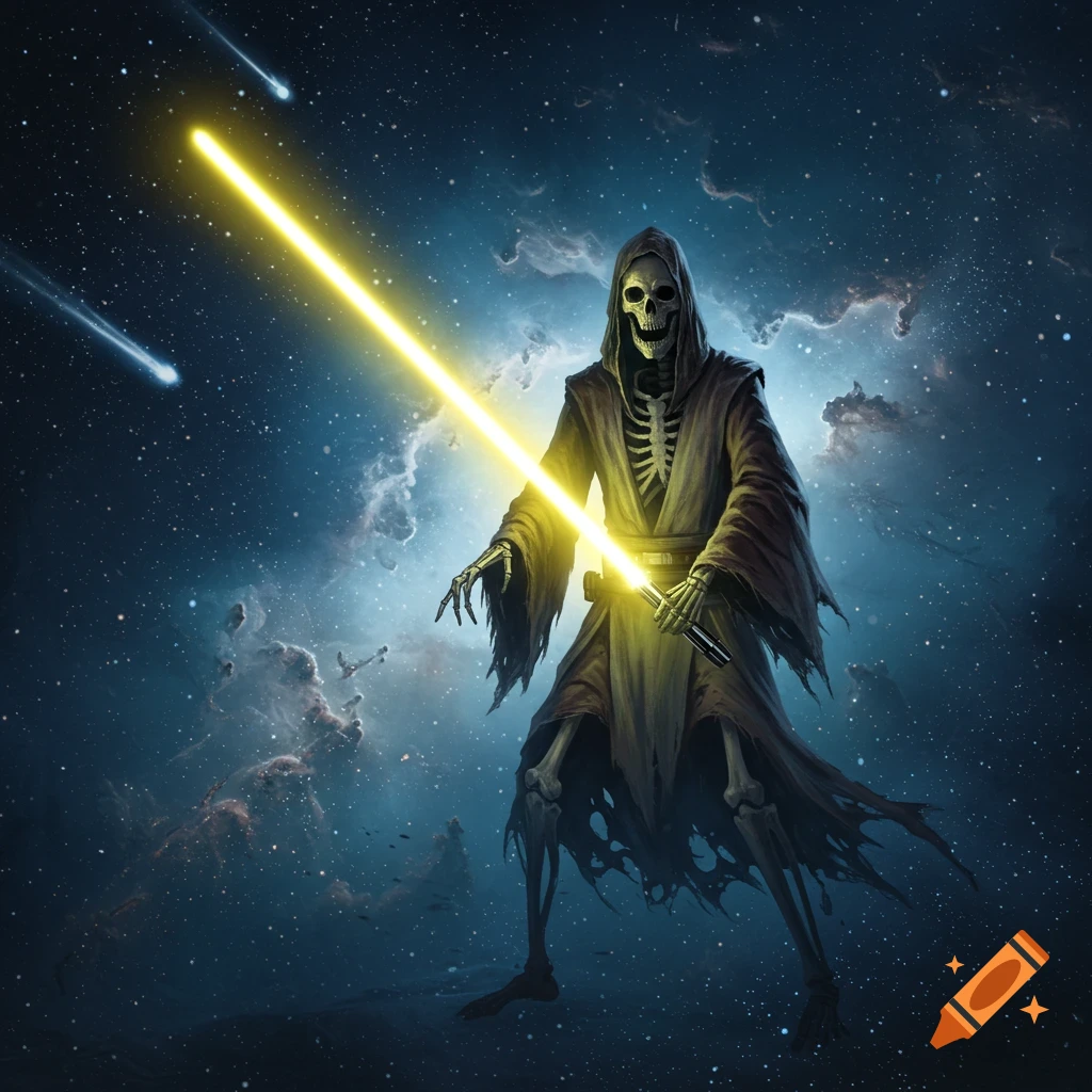 A robed skeleton stands in deep space, holding a glowing yellow lightsaber aloft, with nebulae and meteors in the background. Digital painting style.