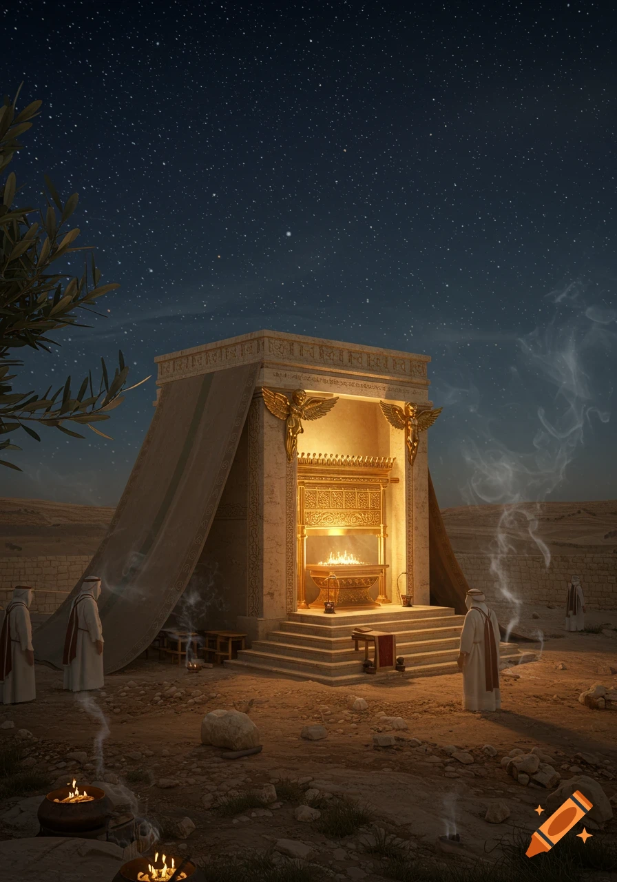 An ancient golden sanctuary glows under a starry desert night, with robed figures and smoking altars.