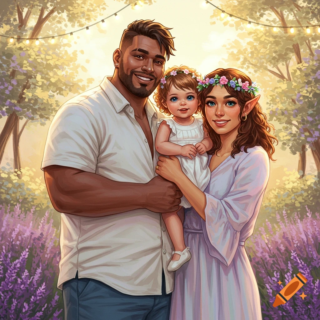 Illustrated fantasy art of a smiling family: a man, an elf woman, and a child with flower crowns, in a sunlit lavender field.