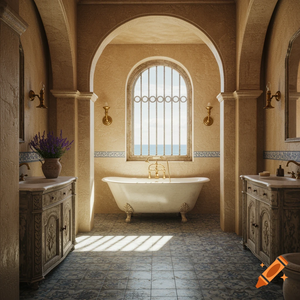 A photorealistic Mediterranean-style bathroom features a clawfoot tub, two vanity sinks, and an arched window overlooking the sea.