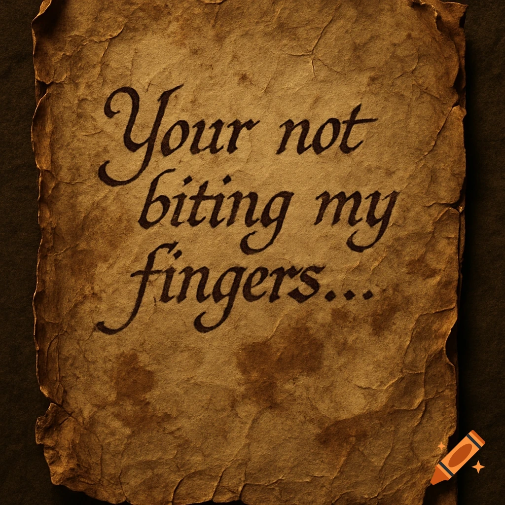 Old, distressed paper with 'Your not biting my fingers...' written in calligraphic script.