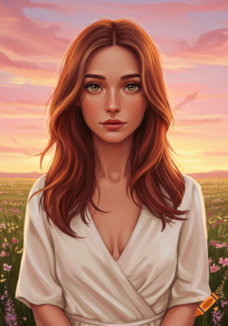 Digital painting of a young woman with reddish-brown hair and green eyes, wearing a white dress, standing in a flower field at sunset.