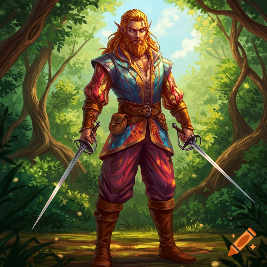 A stylized illustration of a male half-elf with long blonde hair and beard, wearing colorful clothes and holding two rapiers in a sunlit forest.