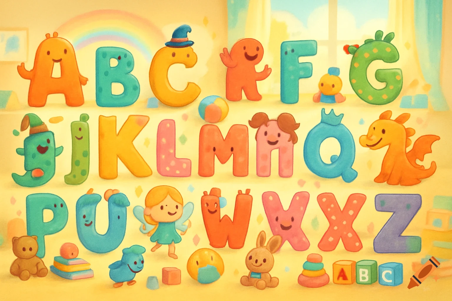 Colorful whimsical alphabet illustration with playful characters in a child's room.