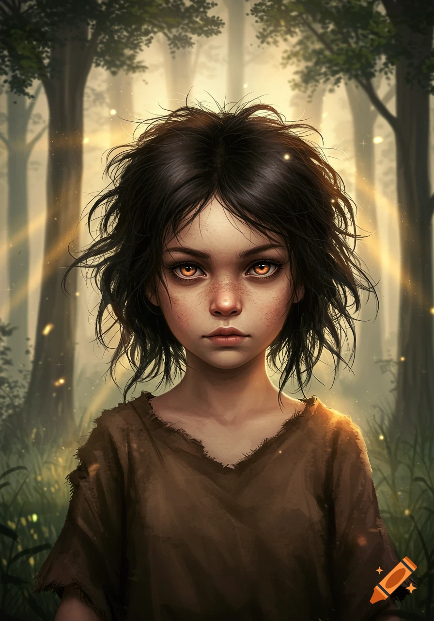 Stylized portrait of a young girl with messy dark hair, glowing orange eyes, and freckles, in a magical forest.