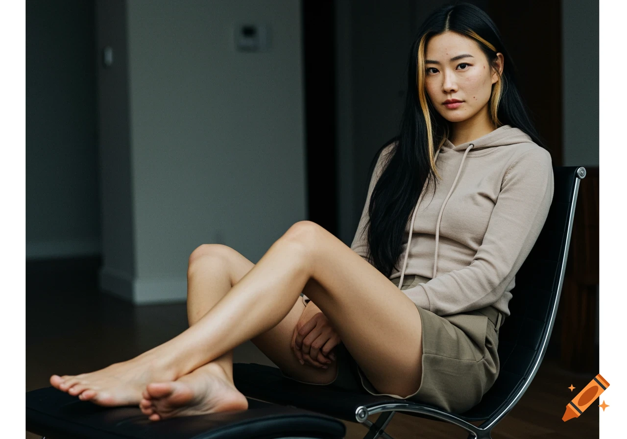 A Chinese woman with long black hair and blonde highlights sits on a chair wearing a beige hoodie and olive shorts, looking at the camera. Photorealistic style.