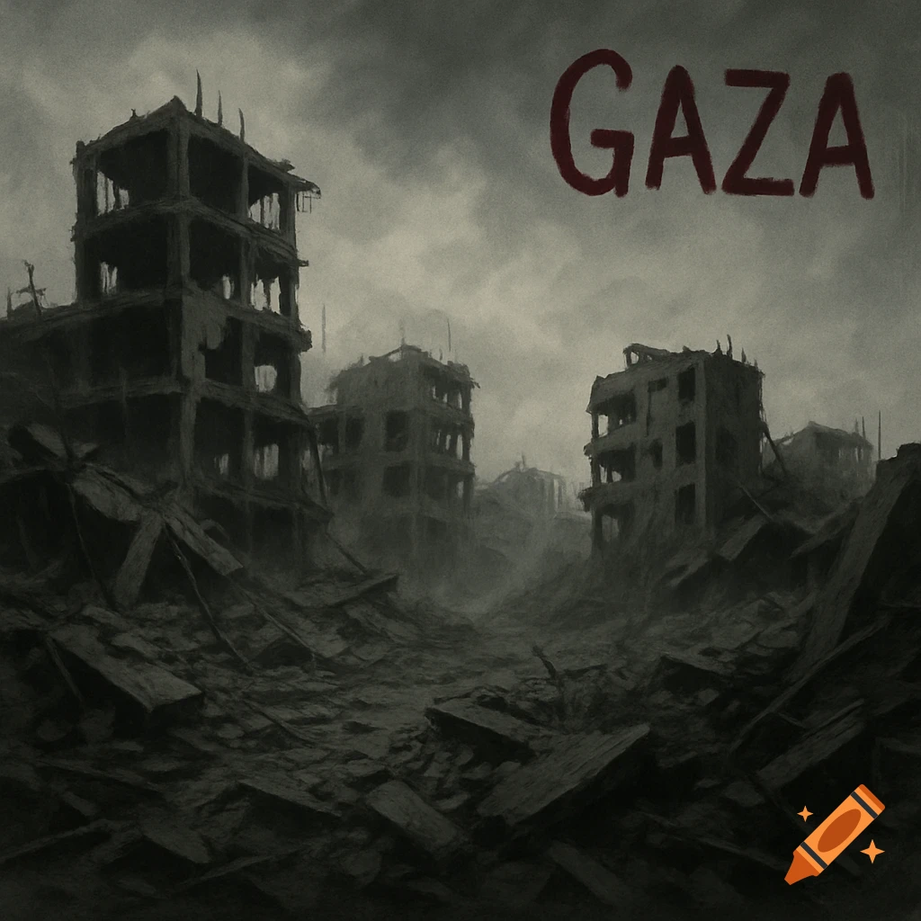 A desolate scene of destroyed buildings and rubble under a cloudy, dark sky, with the word "GAZA" painted in red at the top right.
