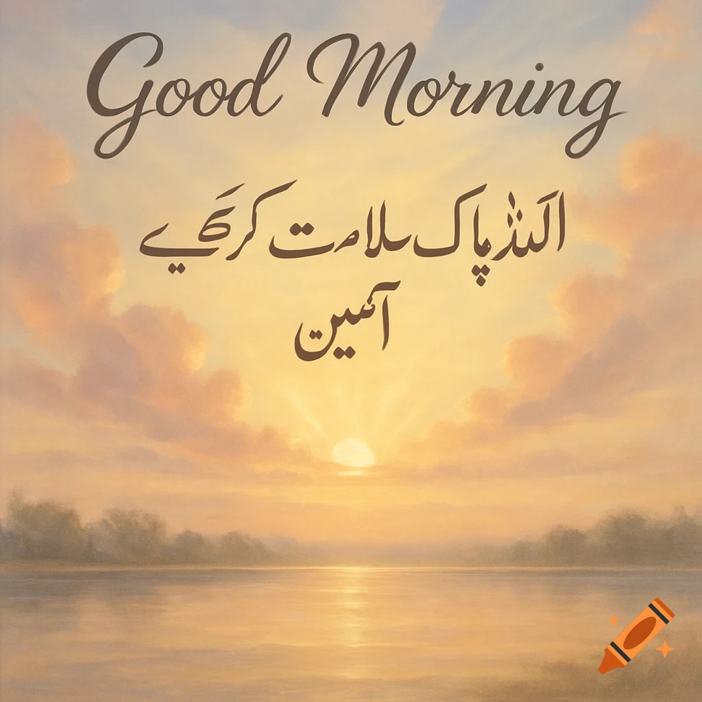 Good Morning and Arabic text over a serene sunrise landscape with water and distant trees, in a digital painting style.