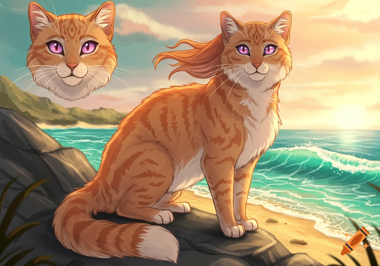 A stylized orange tabby cat with purple eyes and a flowing mane sits on rocks by a sunny beach at sunset, with a floating head of the cat above.