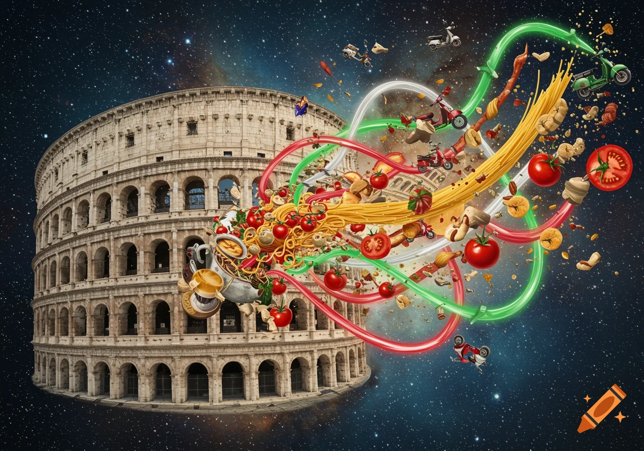A surreal image of the Colosseum in space, with a vibrant stream of pasta, tomatoes, scooters, and other Italian elements bursting from it, set against a starry background.