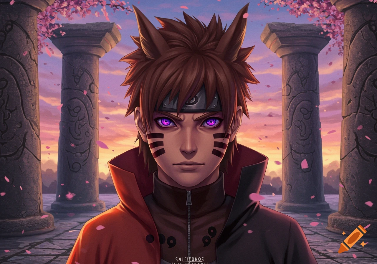 Anime character with brown spiky hair, fox ears, purple Rinnegan eyes, and face markings, wearing an orange and black jacket, stands between ancient pillars with falling cherry blossoms at sunset.