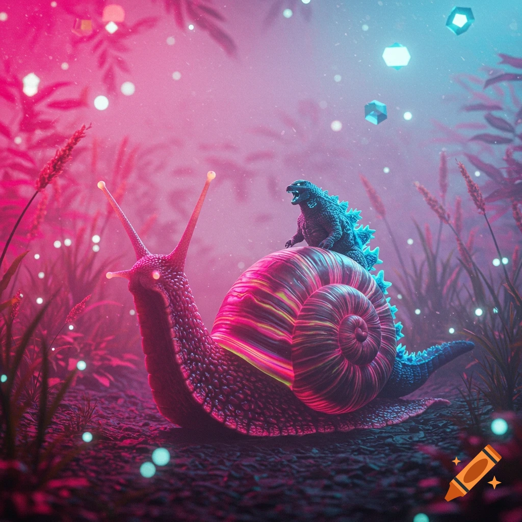 A large snail with a small Godzilla figure on its back, glowing in vibrant pink and blue light within a psychedelic fantasy forest.