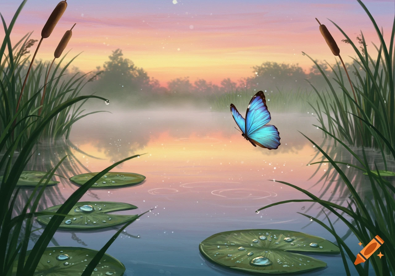A vibrant blue butterfly flies over a misty pond with lily pads and tall reeds at sunrise, digital art.