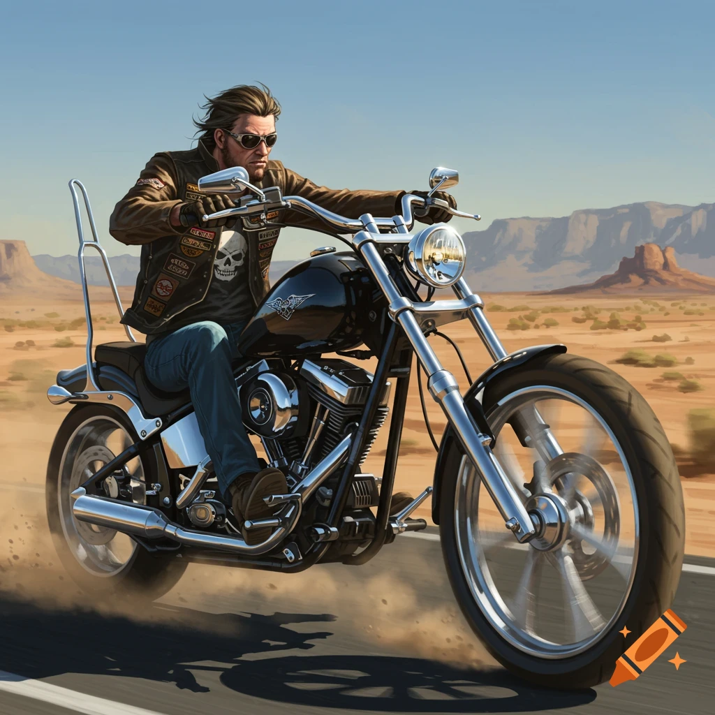 A man on a black motorcycle rides through a desert landscape with mountains under a clear sky, in an artistic style.