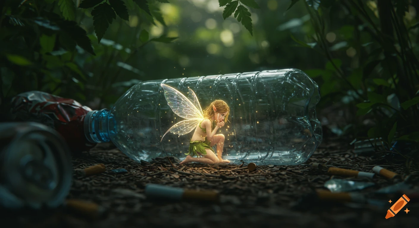 A tiny, sorrowful fairy trapped inside a clear plastic bottle, surrounded by litter in a dark forest clearing, with glowing wings.