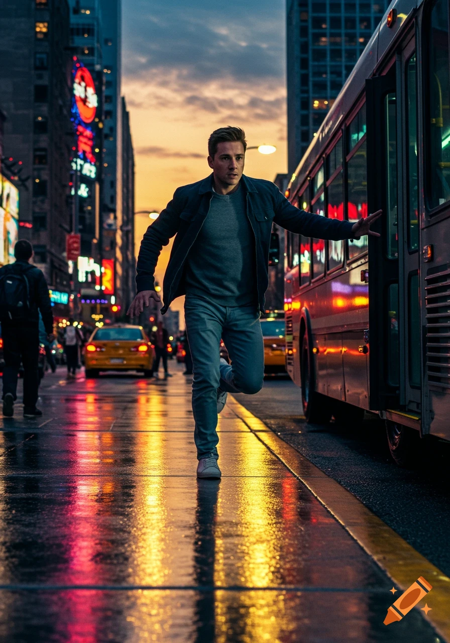 A photorealistic image of a man running alongside a bus on a wet city street at sunset, illuminated by neon lights.