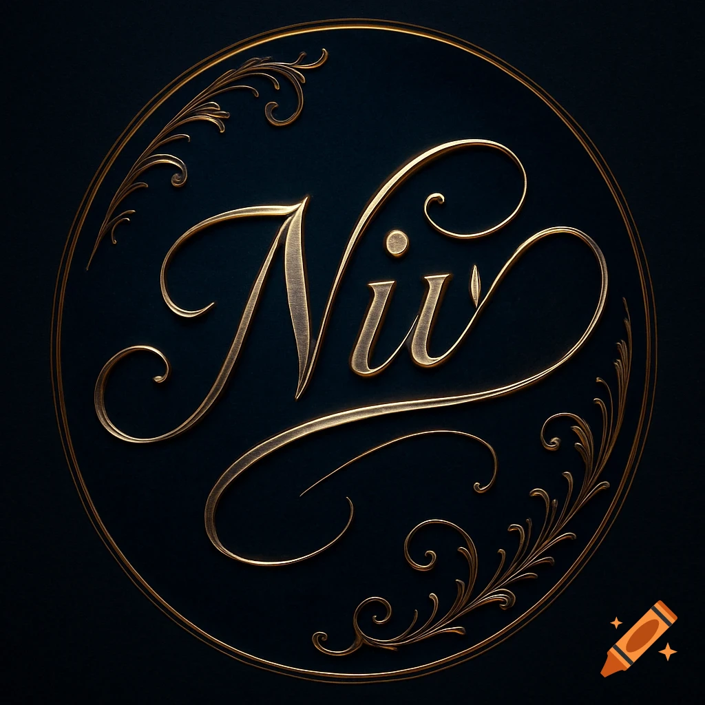 Elegant golden calligraphy spelling 'Niv' inside a circular frame with ornate filigree on a dark background.