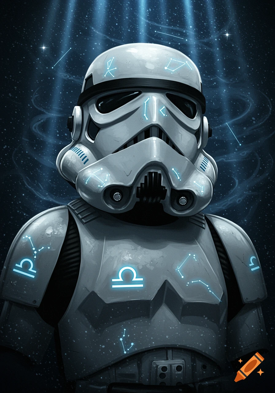 A stormtrooper's helmet and chest armor covered in glowing blue Libra symbols and constellations against a starry space background.