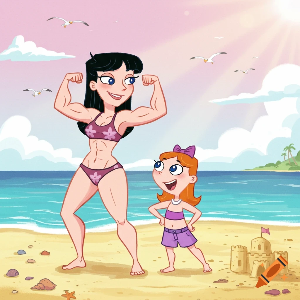 A cartoon of an adult woman flexing muscles in a swimsuit next to a child in swimwear on a sunny beach with a sandcastle.