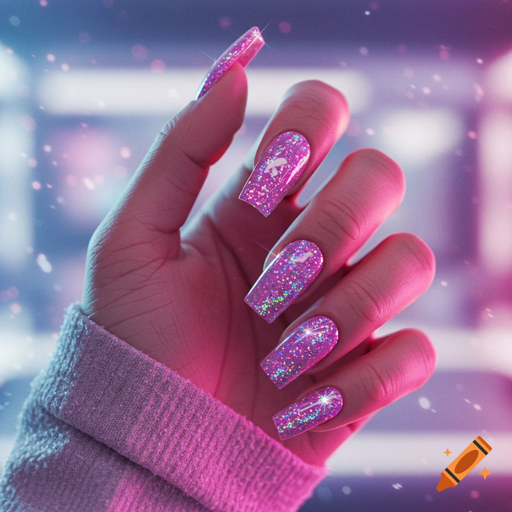 Close-up of a hand with long pink glittery holographic acrylic nails under neon lighting.