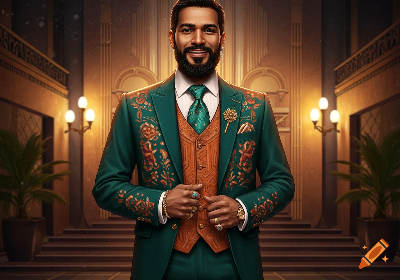 A smiling man in a green and orange embroidered suit stands in a grand Art Deco hall.