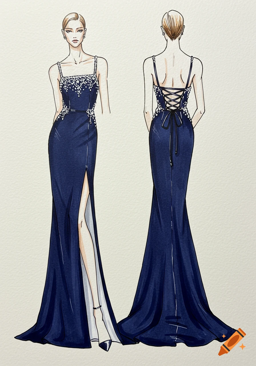 Hand-drawn fashion illustration of a navy blue evening gown, showing front view with a high slit and back view with a lace-up design.