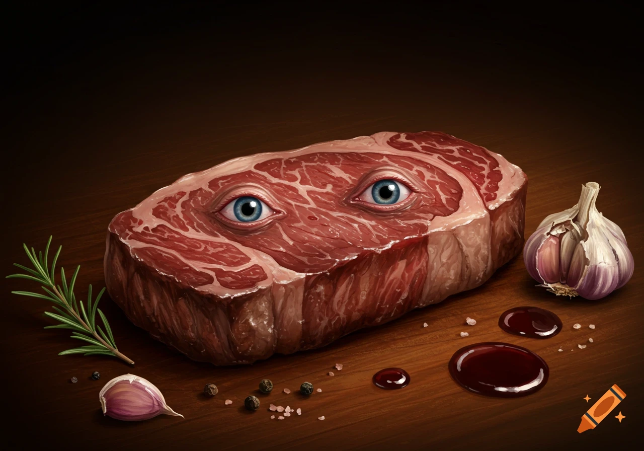 A raw steak with realistic blue human eyes lies on a dark wooden table with rosemary, garlic, pepper, and salt. Surreal still life.