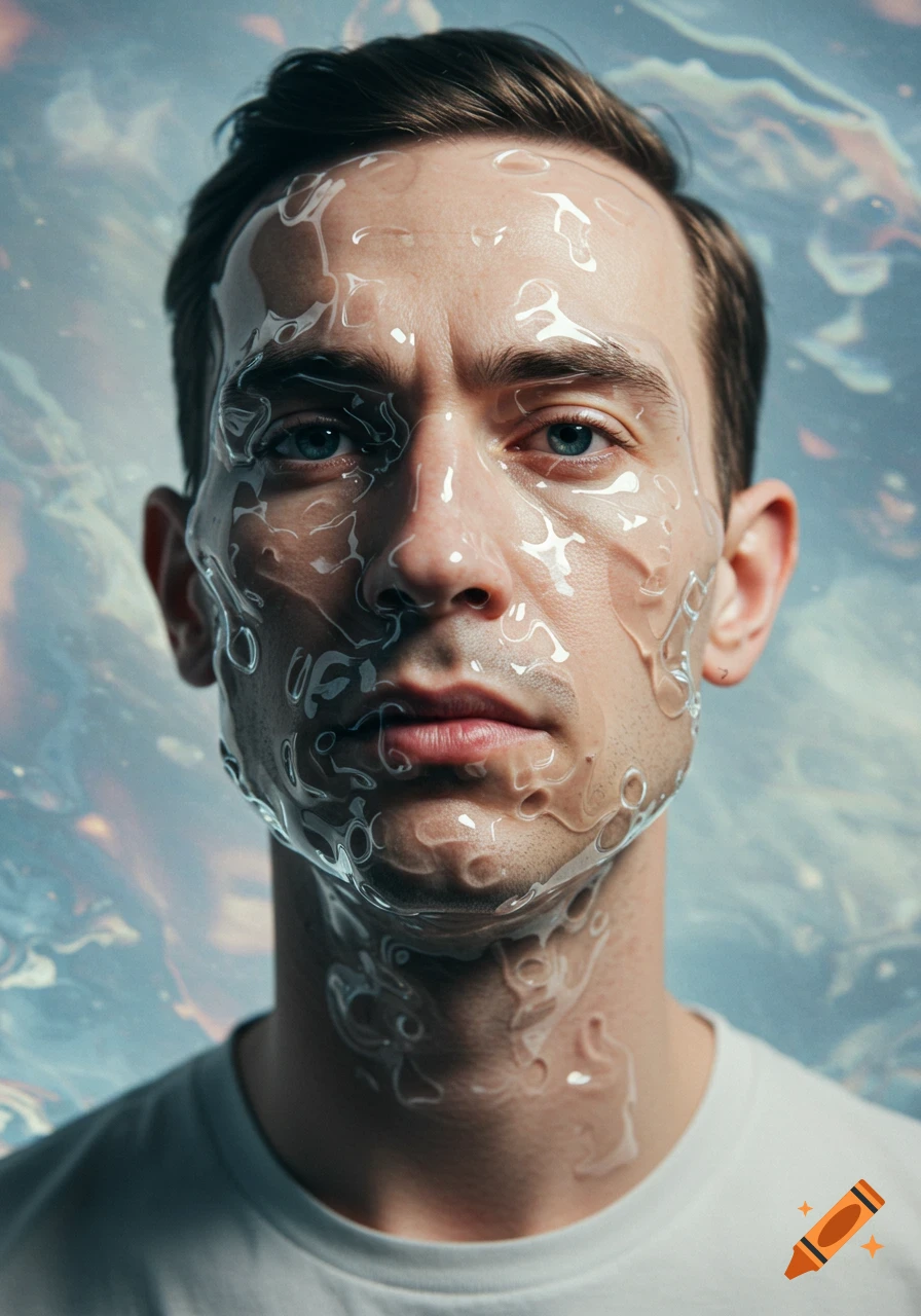 Close-up portrait of a man with blue eyes, his face covered in a clear, shiny, fluid-like substance, against a blurred, abstract background.