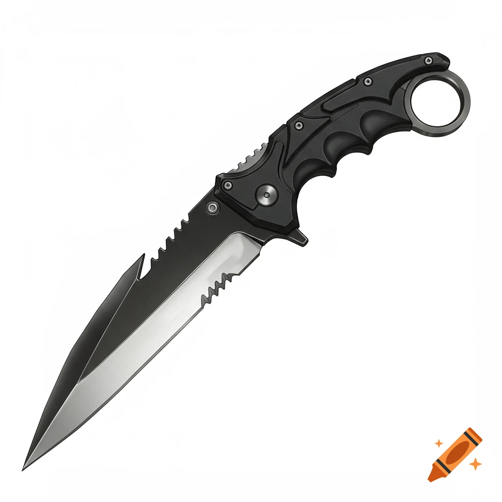A hyper-detailed, futuristic black combat knife with a serrated blade and karambit-style ring pommel, isolated on white.