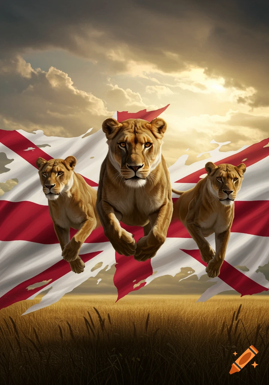 Three photorealistic lionesses charge over dry grass with a large England flag waving behind them under a cloudy sky.