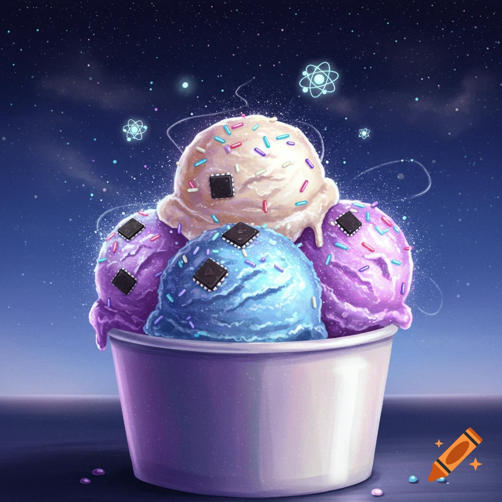 Four scoops of ice cream with sprinkles and computer chips in a cup, under a starry night sky with glowing atomic symbols.