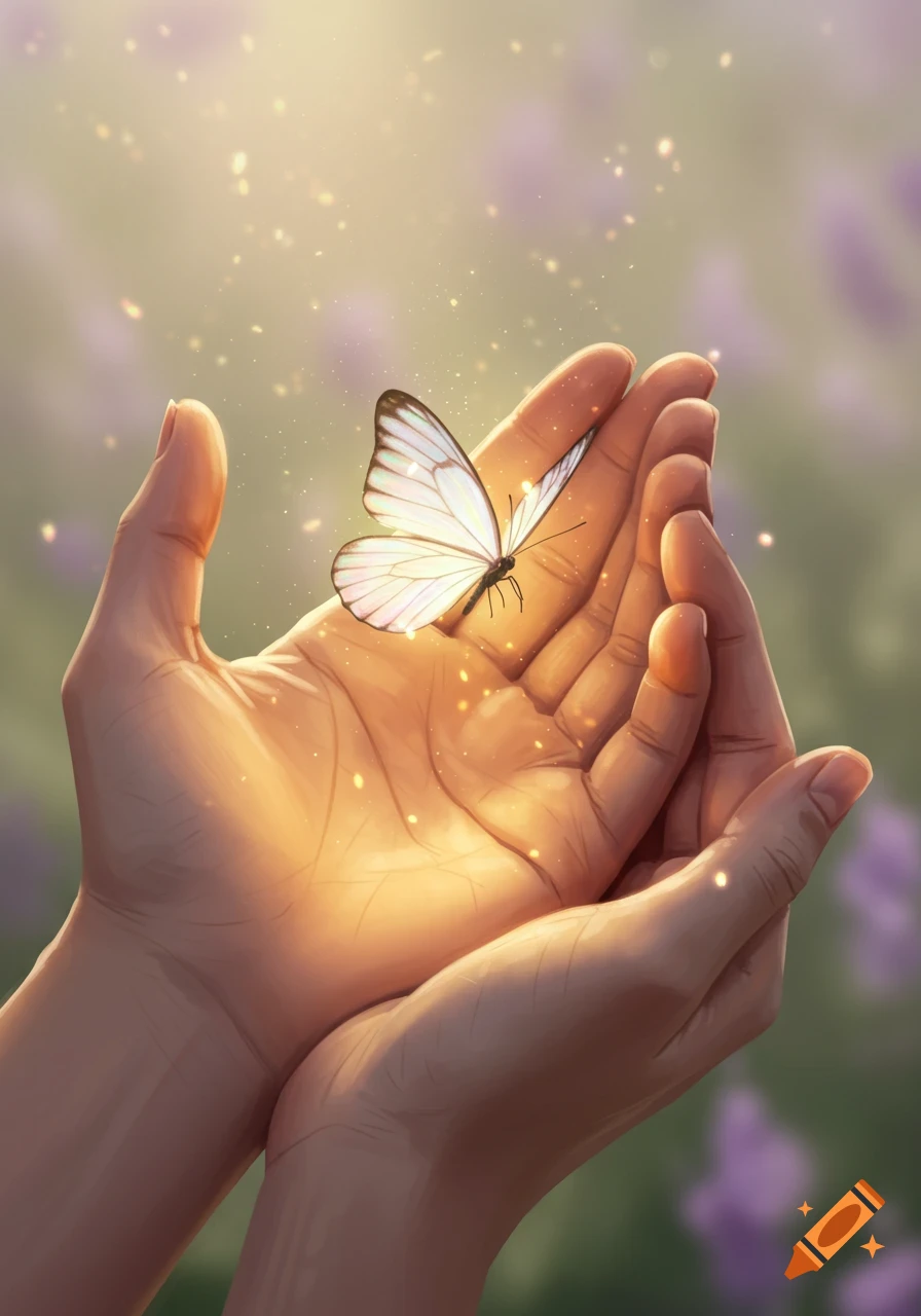 Two hands cupped together, holding a glowing white butterfly under soft light with sparkling dust.